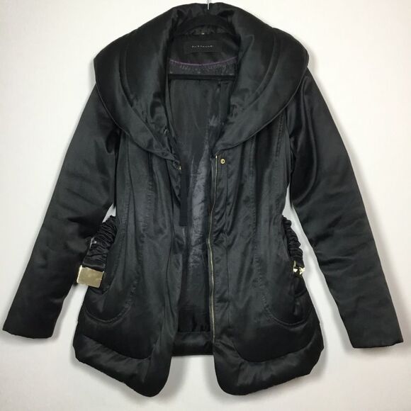 Ellie Tahari black shiny coat oversized collar belt polyester/down/feather sz M - Picture 9 of 10